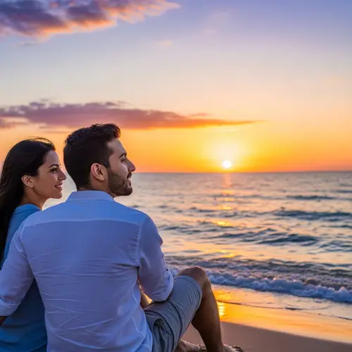 Romantic Sunset Beach Scene with Diverse Couple - Serene and Tranquil