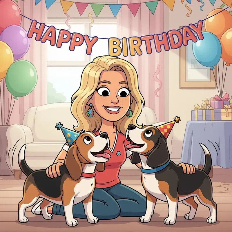 Blonde Woman with Two Beagles - Birthday Celebration