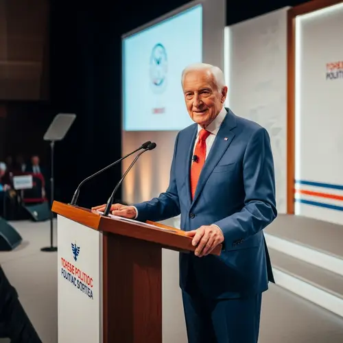 Elderly Man Presenting Speech on Stage - Political Setting