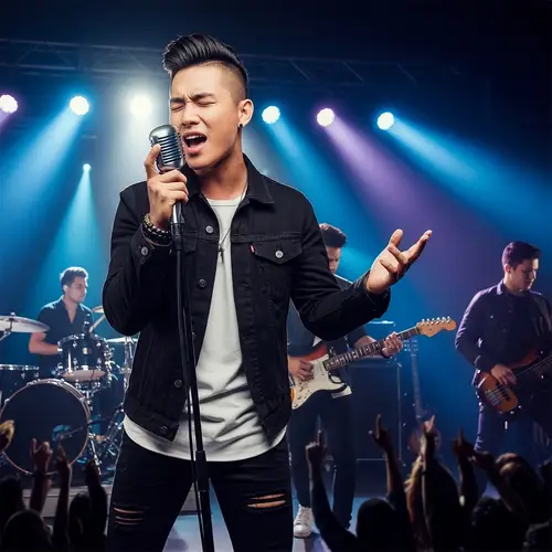 Passionate Asian Man Singing on Stage with Stylish Outfit