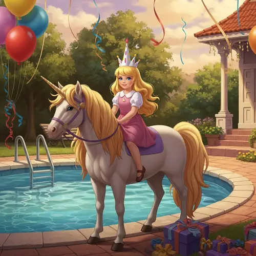 Blonde Girl on Unicorn by Pool with Birthday Decorations