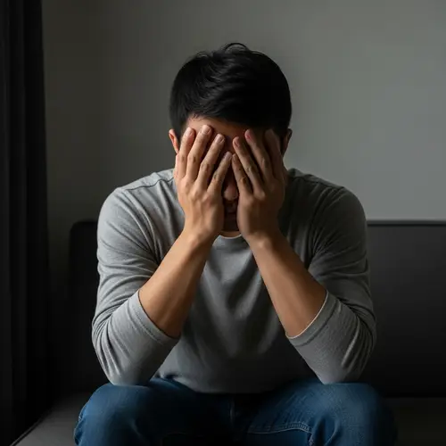 Portrait of Despair: Depiction of Mid-30s Asian Man in Mental Distress