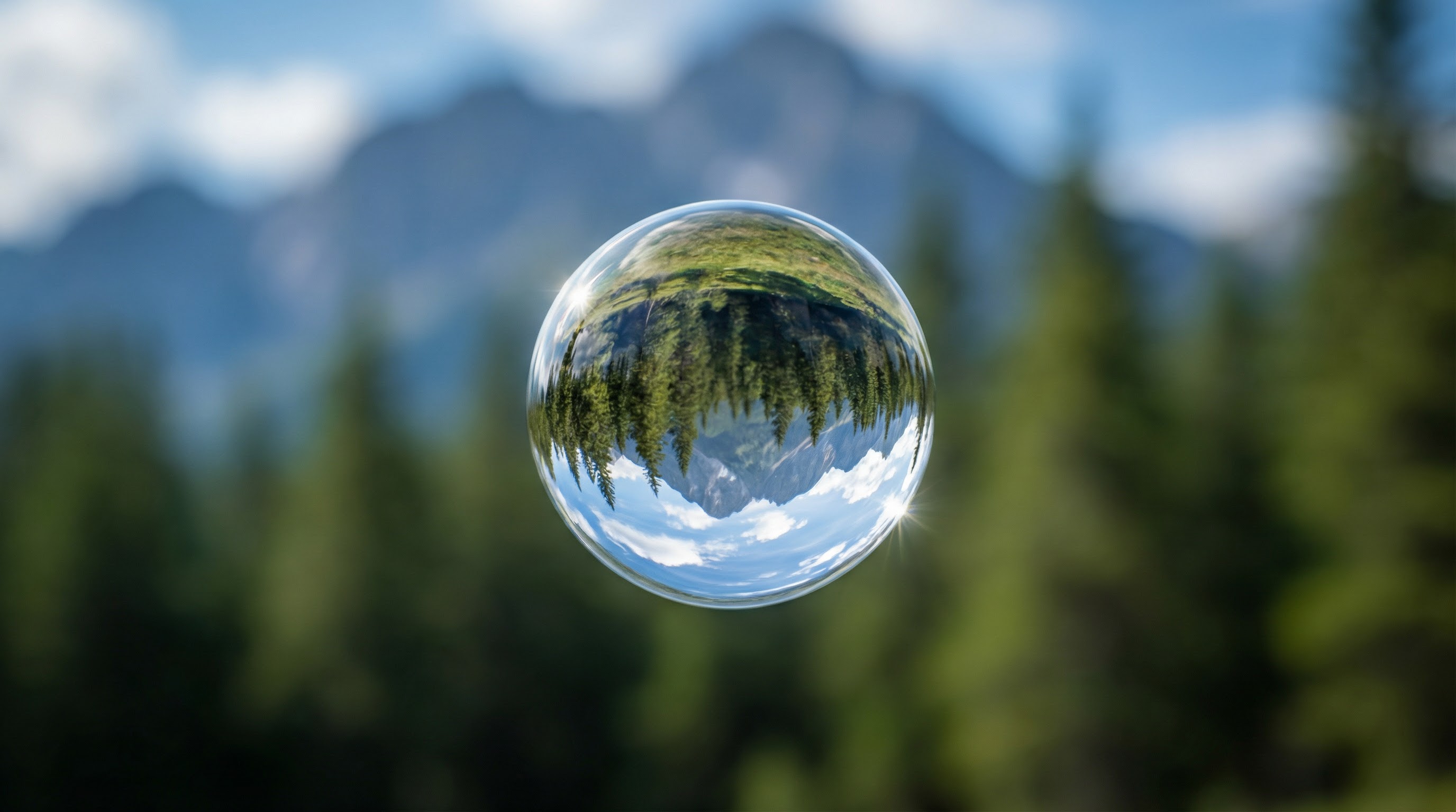 AI-generated macro shot of a water droplet reflecting mountains