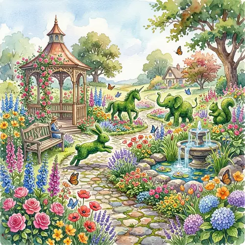 Whimsical Garden Watercolor Painting - Vibrant Flowers & Fantastical Topiary