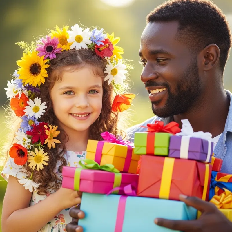 Heartwarming Friendship: Happy Girl with Flowers and Man Bearing Gifts