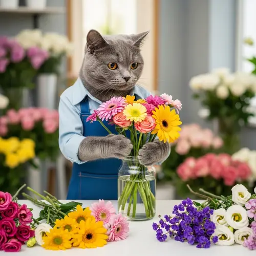 Grey Cat Florist Creating Colorful Bouquet | Flower Arrangement