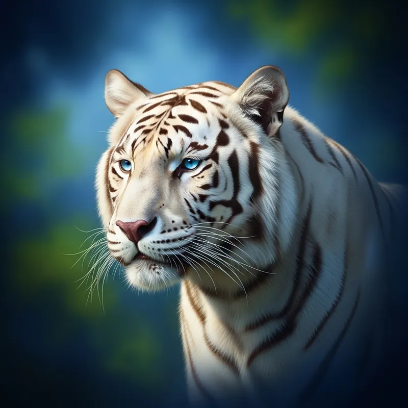 Majestic Blue-Eyed White Bengal Tiger on Blue and Green Background