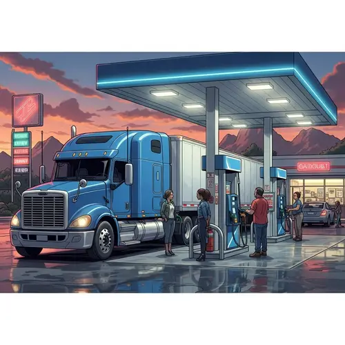Vibrant Blue Semi Truck at Bustling Gas Station