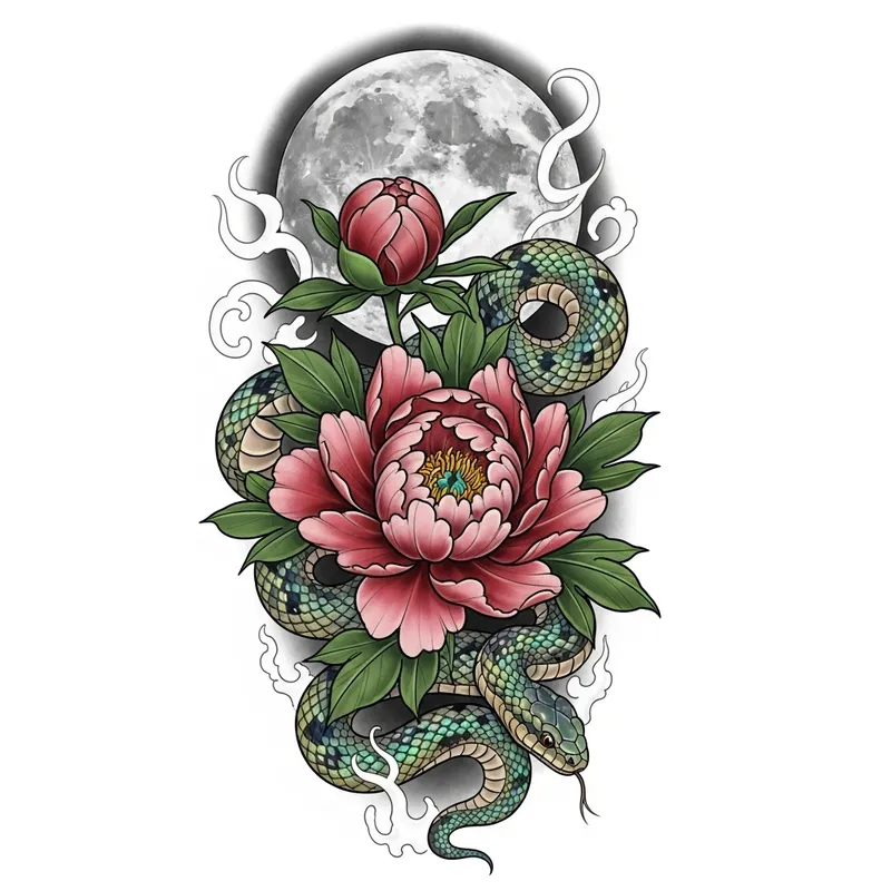 Peony, Moon, and Snake Tattoo Design