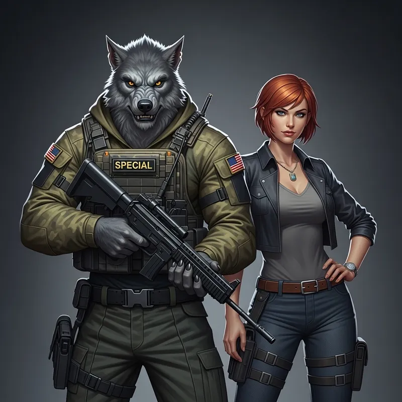 Realistic Werewolf in Military Gear with Redhead Woman Realistic Werewolf in Military Gear with Redhead Woman