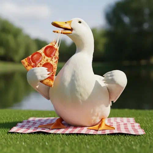 Duck Enjoying Slice of Pizza - Fun Time with Food