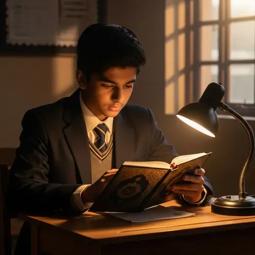 Young South Asian Male Student Studying Holy Quran at School Desk