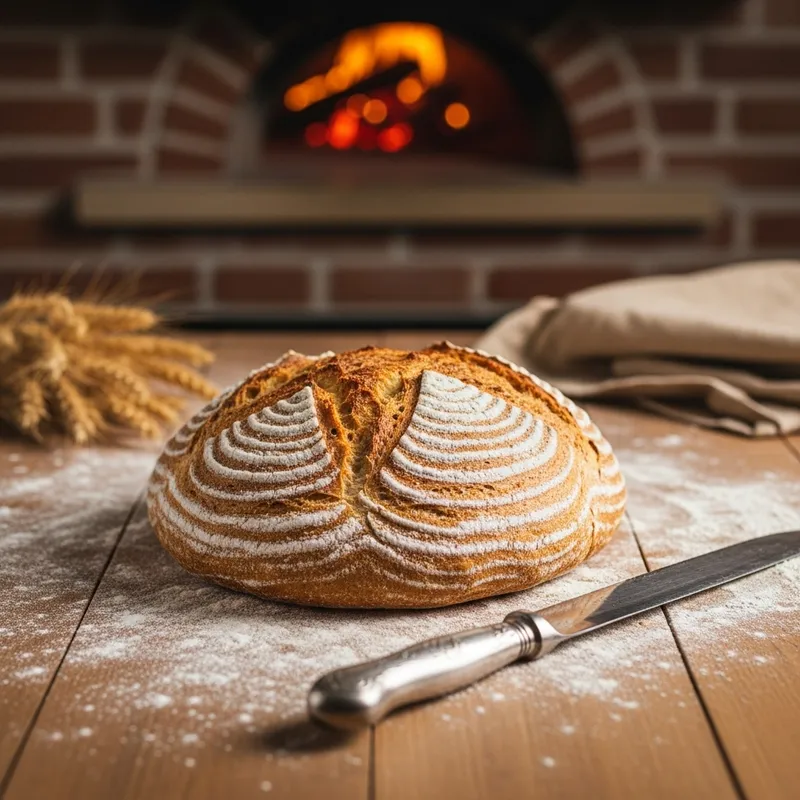 Rustic Bakery Scene - Freshly Baked Golden Loaf of Bread