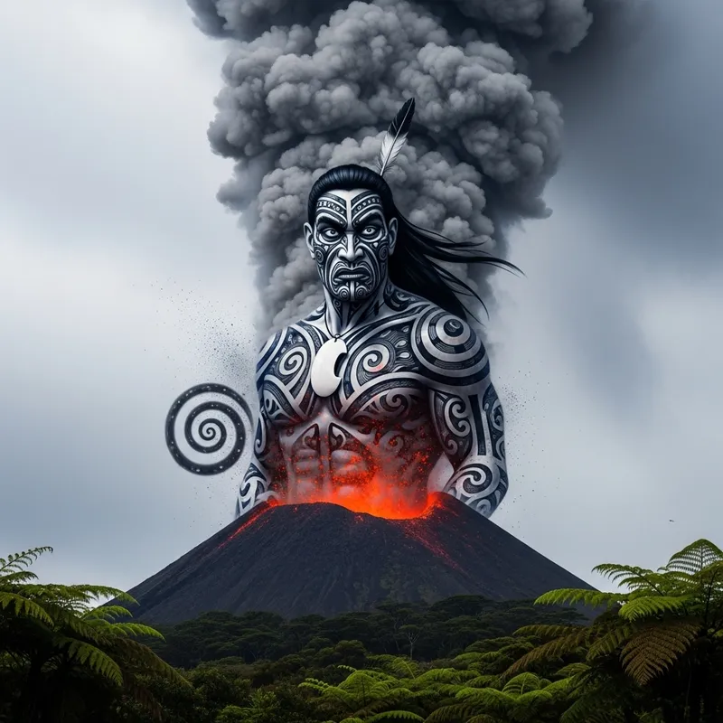 Hyper-Realistic Maori Guardian Volcano Silhouette Art