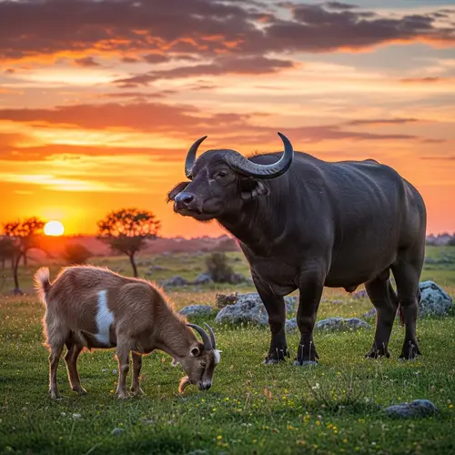 Serene Nature Scene with Goat and Buffalo Grazing