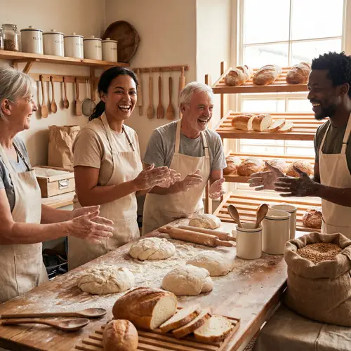 Rustic Bakery Scene with Diverse Bakers Kneading Dough
