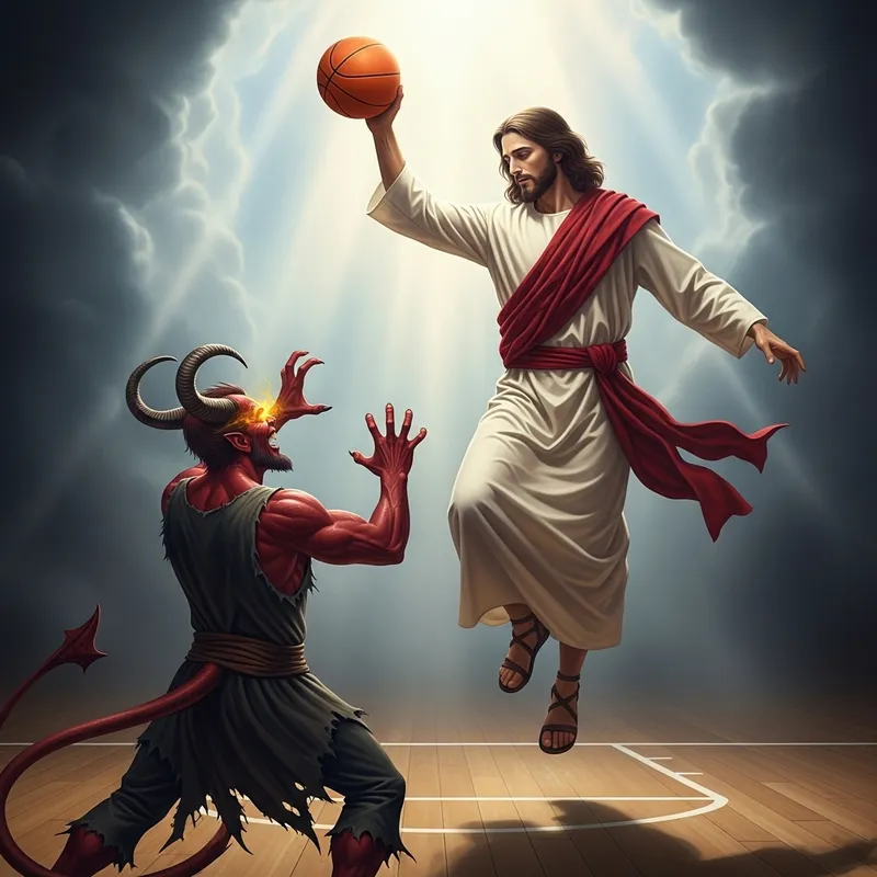 Jesus Dunking Over Satan - Biblical Battle on the Court