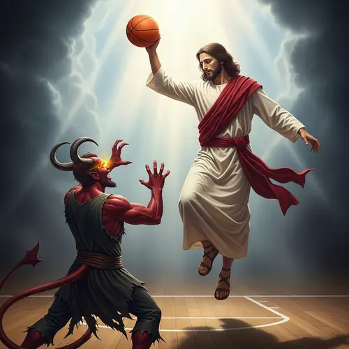 Biblical Figure Basketball Dunk vs Evil Entity Defense