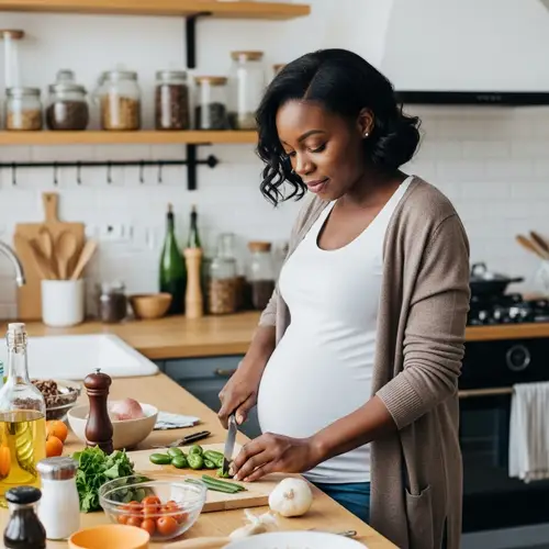 Pregnant Black Woman Cooking in Cozy Kitchen