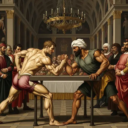 Muscular Men Renaissance Art Arm-Wrestling Scene