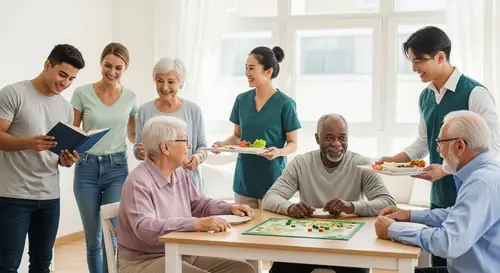 Diverse Volunteers Bringing Joy to Seniors in Nursing Home