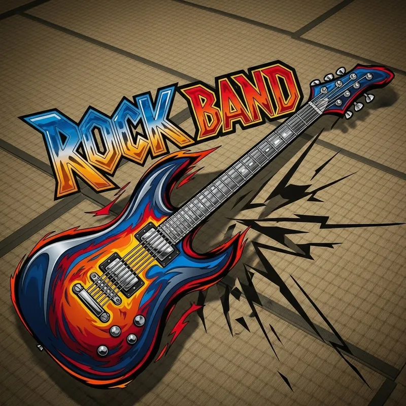 Rock Band Logo Incorporating Tatami Mat and Electric Guitar