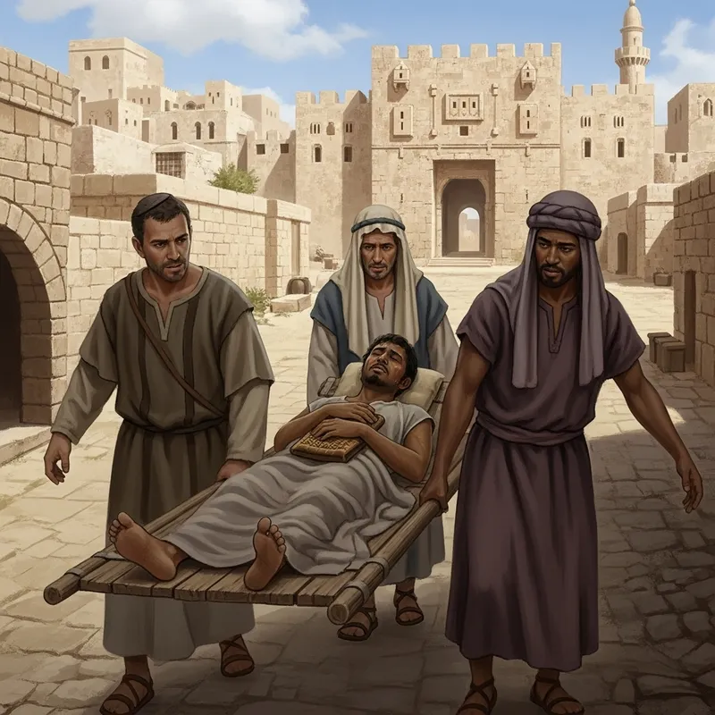 Ancient Israeli Men Transporting Sick Man at a City Gate