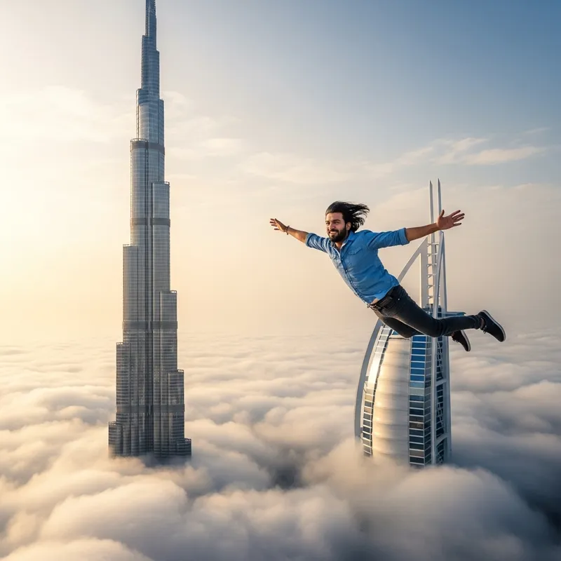 Man Soaring Above Clouds Next to Burj Khalifa Dubai