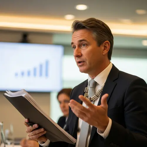 Middle-Aged Professional Holding Documents Speaking at Meeting