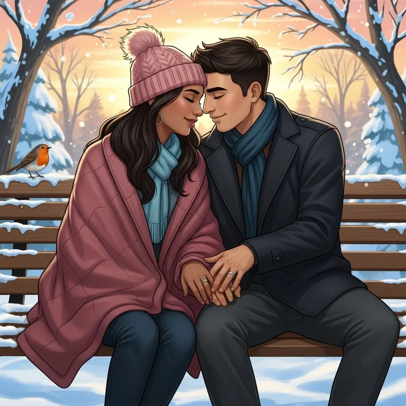 Enchanting Winter Sunset Kiss Art | Romantic Outdoor Scene
