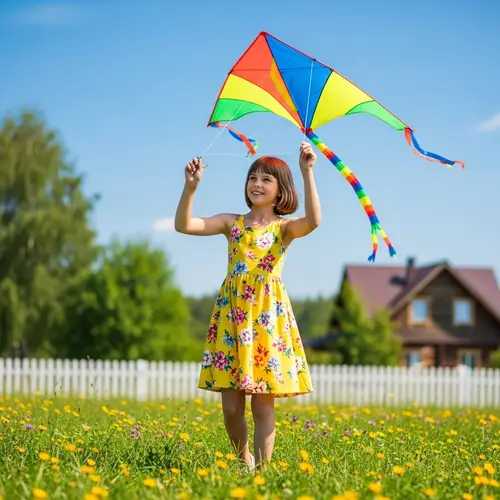 Joyful Girl with a Colorful Kite in the Meadow