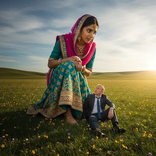 Gigantic South Asian Girl Curiously Standing Over Middle-aged Man