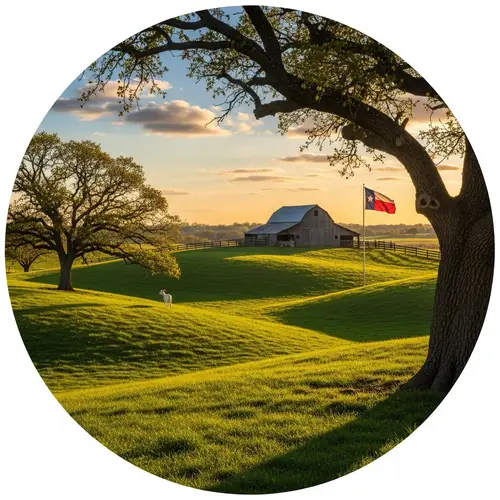 Picturesque Sunset Scene with Oak Tree, Green Hillocks, and Texas Flag