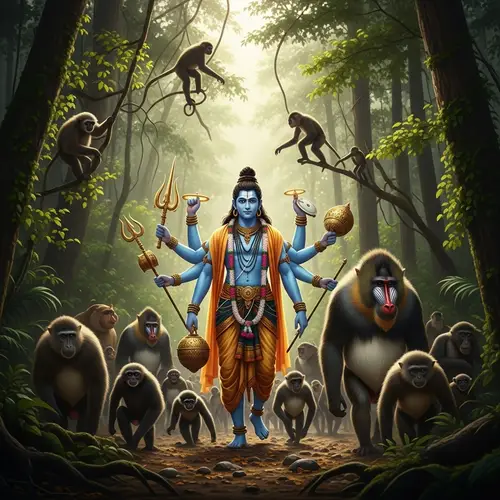 Monkey Army Escorting Hanuman: Divine Procession in Tropical Forest