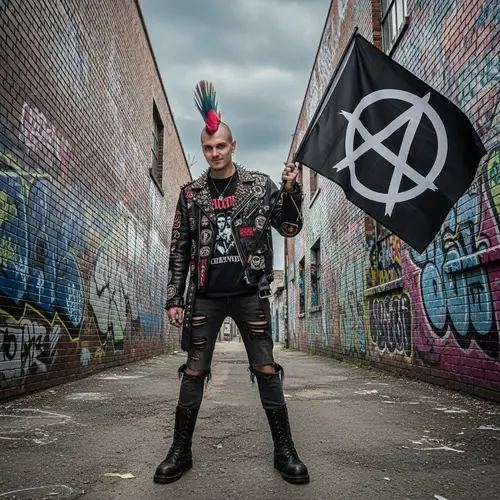 Chico Punk Anarchy Character with Mohawk and Anarchy Flag