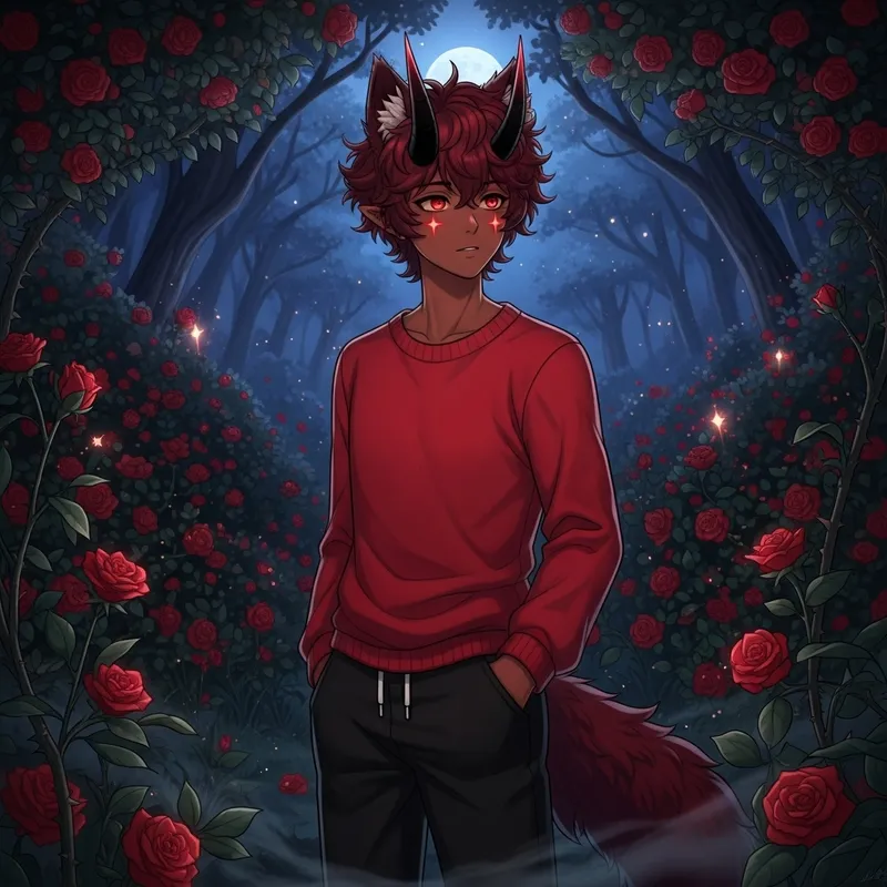 Anime-Style Male Character with Red Hair, Wolf Features & Demon Horns