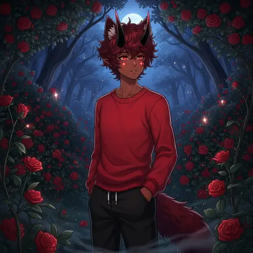 Anime-Style Male Character with Fluffy Dark Red Hair in a Dark Forest