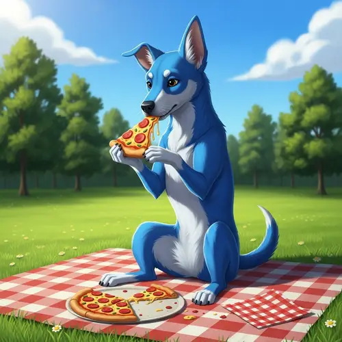 Blue Dog Enjoying Pizza on Sunny Day