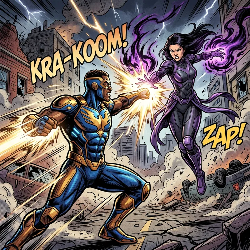 Dynamic Superhero Battle Scene: Intense Colors & Vibrant Poses Dynamic Superhero Battle Scene: Intense Colors & Vibrant Poses