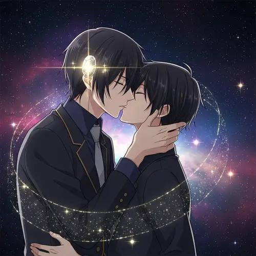 Intense Anime Scene with Cosmic Backdrop and Affectionate Kiss