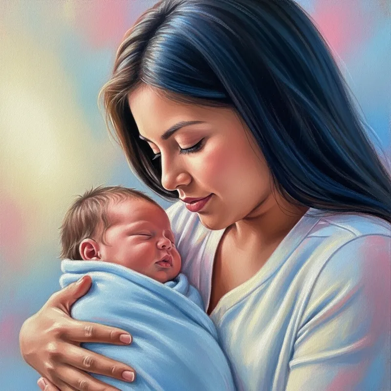Hispanic New Mother Portrait | Serene Love with Soft Pastel Palette