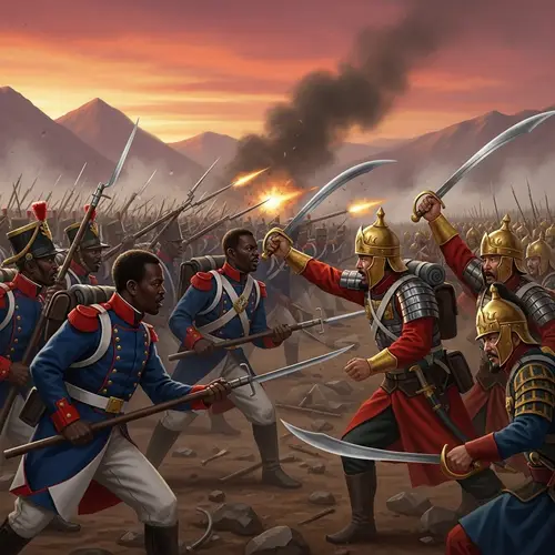 Intense Battlefield Scene: African and Asian Armies Clash