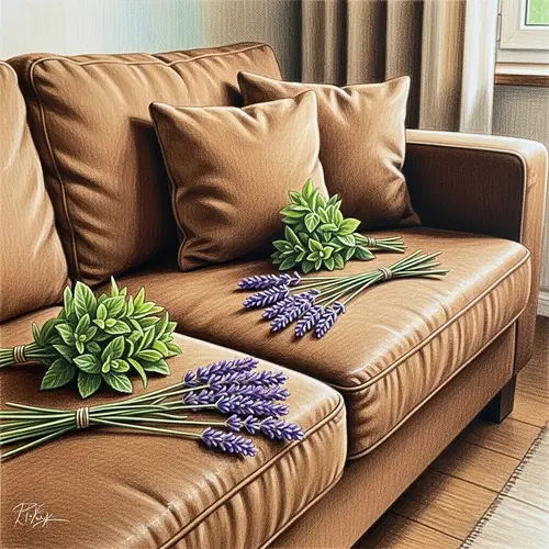 Fragrant Lavender and Mint Adorned Comfy Brown Sofa