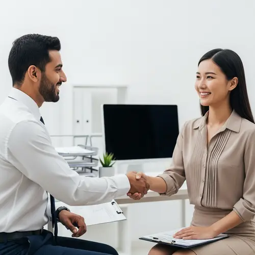 Professional Business-Customer Interaction: Middle-Eastern Male Employee and East Asian Female Customer