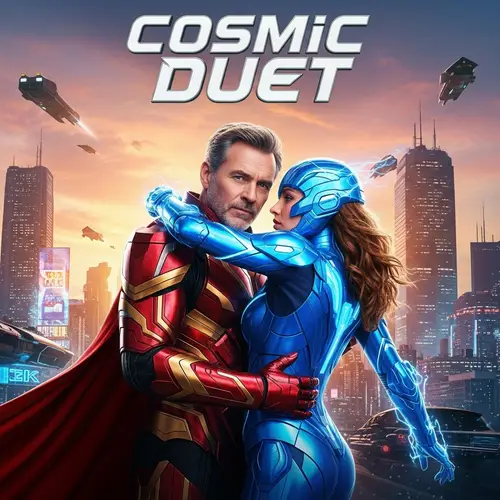 Iron Man Movie Poster: Tony Stark in Red and Gold Armor Embracing Woman in Blue Suit