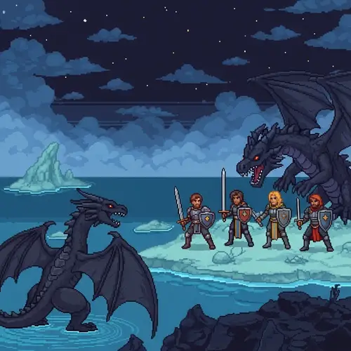 Pixel Art Dark Sky Scene with Knights and Black Dragon