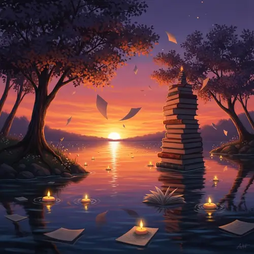 Tranquil Lakeside Sunset with Floating Candles and Paper Trees