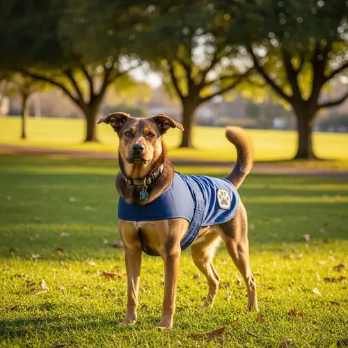 Proud Dog in Blue Vest | Park Setting