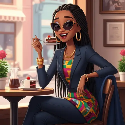 African Fashionista Enjoying Cake in a Cafe
