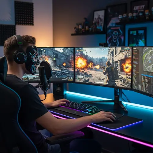 Caucasian Male Streamer Gaming Setup with High-Intensity Virtual Warzone Scene